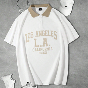 Polo athlétique à manches courtes, ample et confortable, imprimé Angeles, avec lettres boutonnées de grande taille, pour les sorties - Product Image 2