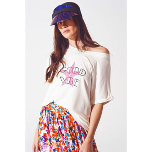 T-shirt col bateau en jersey 100% coton avec inscription Good Vibe en blanc et rose - Product Image 1