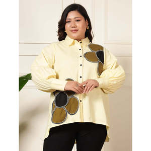 Deebaco Camisa de algodón amarillo limón de talla grande para mujer con apliques geométricos, blusa larga con mangas abullonadas, top informal de otoño - Product Image 1