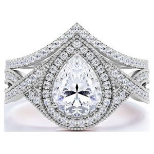 Poire coupe Moissanite mariage ensemble-ensemble de mariée-Art déco anneau-Halo anneau-cluster anneau-or blanc 18 carats sur argent - Product Image 1