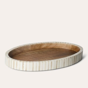 Elegante bandeja de madera ovalada hecha a mano Vintage con diseño de rayas de borde con incrustaciones de hueso para el hogar, decoración de mesa de cocina, plato de servicio - Product Image 4