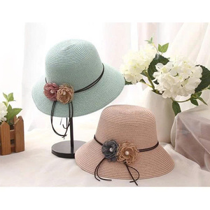 Chapeau en fil de coton avec bordure à double fleur et perles de paille douces, respirant et imperméable, unisexe, quatre saisons - Product Image 1
