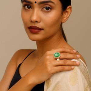 Designer Gajaah 925 Sterling Silver Emerald & Polki Diamond Statement <b>Ring</b> Gold Plated <b>Ring</b> Women & <b>Girls</b> Party Wear Engagement - Product Image 1