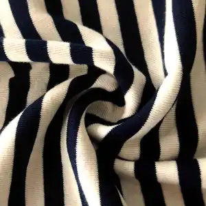 Keluaran baru benang celup biru tua putih garis lebar 100% katun ganda 1*1 kain Jersey rajutan untuk kain