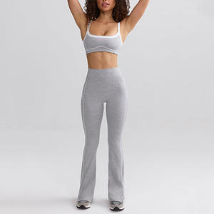 Leggings de yoga pour femmes à rayures taille haute avec logo de la jambe droite fermeture à la taille élastique pantalon en nylon Spandex 220g - Product Image 1