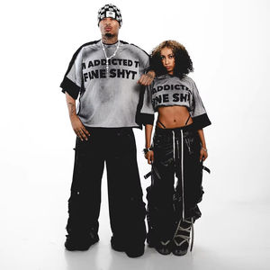 Camisetas de algodón grueso estilo streetwear, de doble capa, con bloques de color, corte cropped, lavado ácido y efecto desgastado, de corte holgado para hombre. - Product Image 3