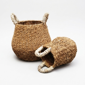 Natural Hand Woven Seagrass <b>Storage</b> <b>Basket</b> Set <b>White</b> Wrapped Handle Belly Round Pot Planter Setup Decor Pure Art Room Design - Product Image 2