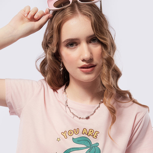 Index Apparel Women's Pink Crop <b>Top</b> Short Sleeve Crew Neck Printed Casual T-Shirt Spring Summer Wear - Product Image 5