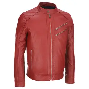 Peau de mouton rouge vestes en cuir en gros hommes mode vestes en cuir décontractées Moto Biker vestes en cuir de vache naturelle