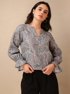 Haut décontracté à manches bouffantes imprimé en coton mélangé marron pour femme - Product Image 5