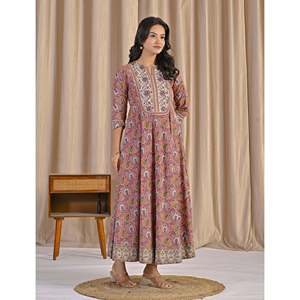 Peach Grey Jaal Hand <b>Block</b> <b>Printed</b> Anarkali Dress Soft Indian Pakistani Salwar Kameez - Product Image 6