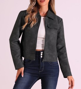 Top femme tendance personnalisé automne hiver veste en cuir solide col tournant manches longues respirant doublure en Satin teint uni - Product Image 1