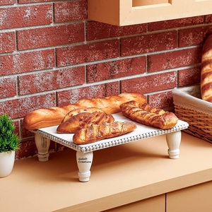 Bandeja de exhibición escalonada multifuncional hecha a mano de madera rústica con guirnalda de cuentas borlas decoración de patrón geométrico - Product Image 6