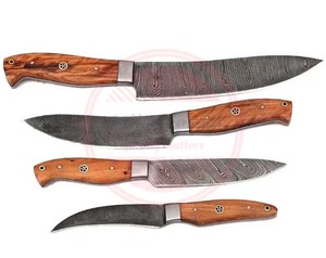 Juego de Cuchillos de Chef Damasco Hechos a Mano de 4 Piezas con Mango de Madera, Juego de Cuchillos de Cocina de Acero Damasco en Venta - Product Image 3