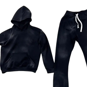 Black Acid Washed Hoodie Tracksuit Men <b>Vintage</b> Fleece Pullover <b>Sweatshirt</b> Straight Jogger Pants Set Minimal Streetwear Winter - Product Image 3