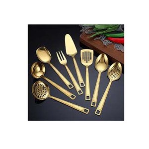 Poignée plate polie en or en acier inoxydable de haute qualité avec trou de suspension avec ensemble d'ustensiles de cuisine au design moderne de luxe - Product Image 1