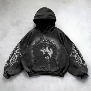 Sweat-shirts personnalisés en gros, effet délavé, 500 g/m², couleur noire, imprimé, à capuche, en coton, style vintage, délavé à l'acide - Product Image 2