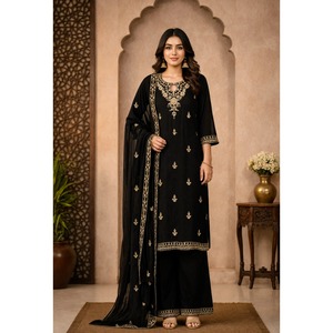 Élégance intemporelle, ensemble 3 pièces pour femmes en mousseline de soie noire unie brodée, 100% polyester, mariages, célébrations festives - Product Image 1