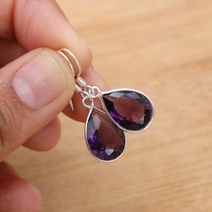 925 Sterling Silver <b>Teardrop</b> Faceted Pear Amethyst <b>Earrings</b> Elegant Gemstone Jewelry with Natural Cut Diamond Fashion <b>Stud</b> Pair - Product Image 4