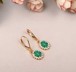 <b>Emerald</b> 926 Sterling Silver 14K Gold Plated Leverback <b>Earrings</b> Oval Green Gemstone Elegant <b>Emerald</b> <b>Drop</b> Jewelry - Product Image 1