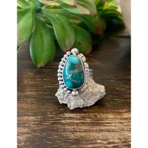 Larry Kay Kingman Turquoise & Sterling <b>Silver</b> <b>Statement</b> <b>Ring</b> Rhodium Plated Inlay Technology Size 6.5 for Everyday Wear Weddings - Product Image 1