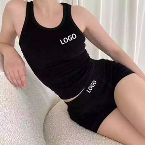 Ensemble 2 pièces pour femme avec logo personnalisé, en coton, col rond, sans manches, vêtements de détente, couleur unie, bodycon, haut à bretelles côtelé élastique et short - Product Image 3