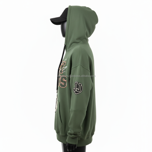 Alta calidad 340 GSM mezcla de algodón mujeres Sudadera con capucha de gran tamaño verde oliva 3D Puff bordado logotipo personalizado sudaderas básicas de las mujeres - Product Image 3