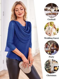 Louses para mujer Dressy Casual 3/4 manga cuello vuelto Tops brillantes camisas de cóctel para fiesta de noche Primavera Verano nueva moda - Product Image 4