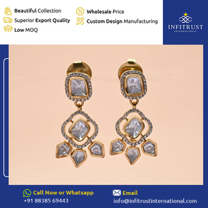 Exportateur de quantité en vrac vendant des bijoux fins de qualité supérieure Boucles d'oreilles Polki pendantes de forme carrée blanche pour femmes - Product Image 2