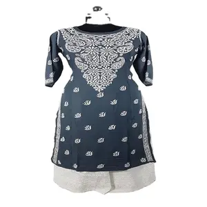 Indiano Kurta etnico indiano Kurta donna cotone stampato bianco Anarkali Kurta con Palazzo e Dupatta