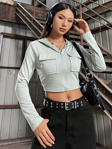 Sweat-shirt surdimensionné en tissu éponge avec logo personnalisé Sweat à capuche à capuche court et épaules tombantes avec impression bouffante à ourlet brut de qualité pour femmes - Product Image 6