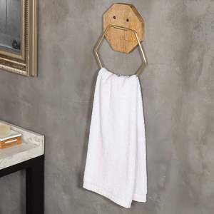 Anillo de toalla de mano de baño montado en la pared hexagonal de madera de metal de tono latón con respaldo geométrico de madera de mango, hecho a mano en la India - Product Image 2