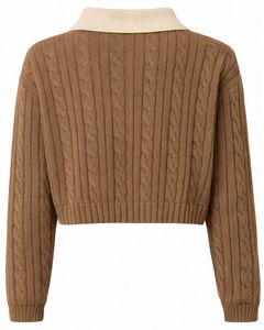 Women Brown <b>Cable</b> <b>Knit</b> Crop <b>Sweater</b> Polo Collar Button Front Soft Winter Casual Fashion Pullover Top For Ladies Streetwear Style - Product Image 2