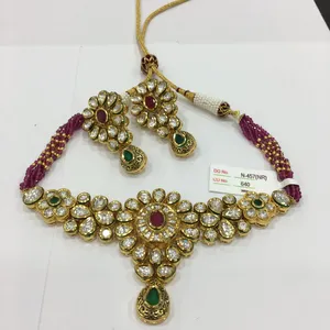 인도 보석 금도금 크리스탈 쿤단 스트랜드 목걸이 귀걸이 여성용 Mang Tikka 신부 보석 세트 핑크