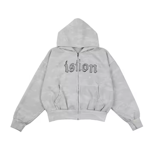 Sweat-shirt à capuche unisexe surdimensionné de qualité supérieure, avec broderie effet vieilli, patchs et fermeture éclair, en molleton 100% coton, délavé à l'acide - Product Image 5