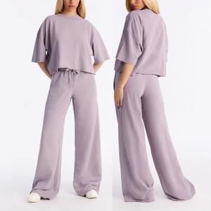 Women's <b>Knit</b> Sweatshirt Loose 2 Piece T shirt Sets <b>Short</b> <b>Sleeve</b> Pullover <b>Tops</b> Elastic Waist Wide Leg Pants Lounge Set Made in BD - Product Image 5