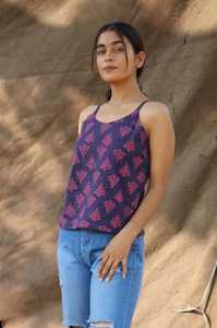 Tops sin mangas de algodón con estampado de bloque de diseño de hoja de helecho de Base púrpura por encargo 100% técnica tejida de seda para boda de mujer - Product Image 5