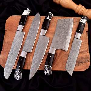 Juego de cuchillos de chef de cocina de acero de Damasco de cinco piezas, cuchillas de acero al carbono de 8 pulgadas, mango de madera, diseño de capas plegadas, bolsa de cuero para exteriores - Product Image 4