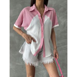 Blusa Casual TOPSHOW para Mujer, Diseño a Rayas Fucsia, Hombros Caídos, Mezcla de Lino, Algodón y Poliéster - Venta al Por Mayor Tallas S M L - Product Image 4