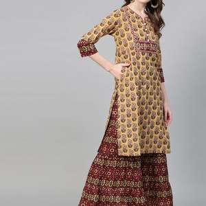 Algodón Floral Impreso Hasta el tobillo Kurta con Sharara Conjunto Ropa étnica transpirable para mujeres para ocasiones festivas Regalos especiales - Product Image 1