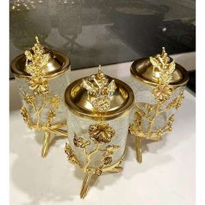 Elegant Look High Grade Gold Plated Metal Unique Designer Clear <b>Glass</b> Bakhoor & Other Items <b>Storage</b> Canister With Marble Top Lid - Product Image 3