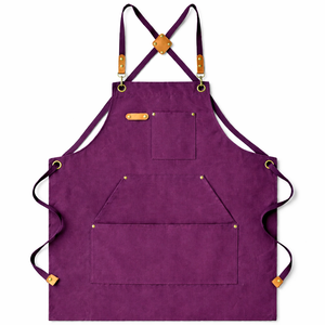 Tablier à bavette violet, taille réglable, résistant à l'eau, plusieurs poches pour produits de nettoyage, style classique, toile tissée - Product Image 1