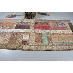 Alfombra turca vintage ecléctica de 4,3x9,4 pies, lana de área grande Beige con patrón de pasillo de retazos abstractos, respaldo de látex para habitaciones - Product Image 3