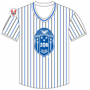 Camiseta de béisbol azul Zeta con botón de ajuste blanco en la parte delantera Camisa de hermandad unisex de poliéster ligero para eventos de la vida griega - Product Image 4