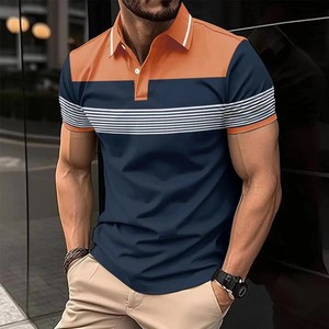 Camiseta de manga corta para hombre, Camiseta holgada de moda de negocios con botones estampados a rayas en contraste de Color, POLO de calle para hombre, superventas de 2025 - Product Image 4
