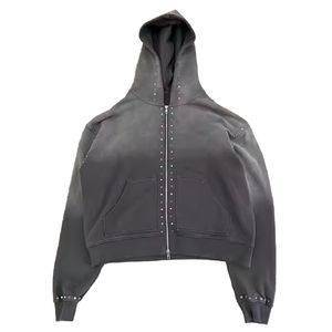 Personnalisé Hommes Lourd 100% Coton Double Zip Hoodies Haute Qualité Soleil Délavé Lavage Sweats Strass Hommes Zipper Hoodie - Product Image 1