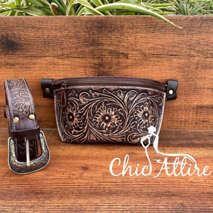 Riñoneras de cuero para mujer, riñonera Vintage de cuero de vaca al por mayor, riñoneras de cuero con patrón Floral marrón occidental - Product Image 1