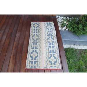 Petit tapis turc 1,7x3,6 pi (53x110 cm), tapis persan en laine bleu vintage - Product Image 1