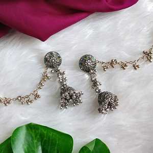 Juego de pendientes colgantes Efulgenz indio oxidado Jhumka Jhumki con cadena de oreja Fabricante Mayorista indio joyería para mujer - Product Image 2