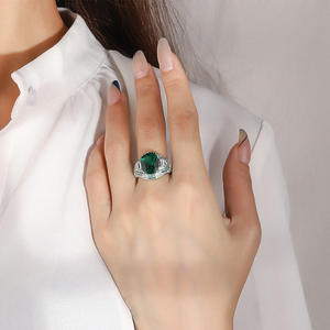 Bijoux de mode écologiques en cuivre, 10*12MM, zircon bleu, imitation verre bleu, strass carré, anneaux ajustables pour femmes - Product Image 4